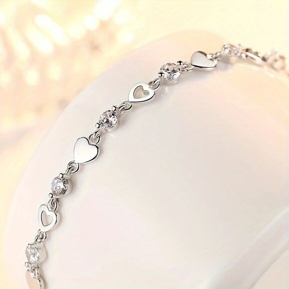 Handcrafted Silver Heart Cubic Zirconia Tennis Bracelet Adjstble Fashion Jewelry - Picture 1 of 5